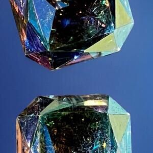 VTG 50s Iridescent Crystal AB Square Silver Tone Clip On Earrings Faceted 2 X 2